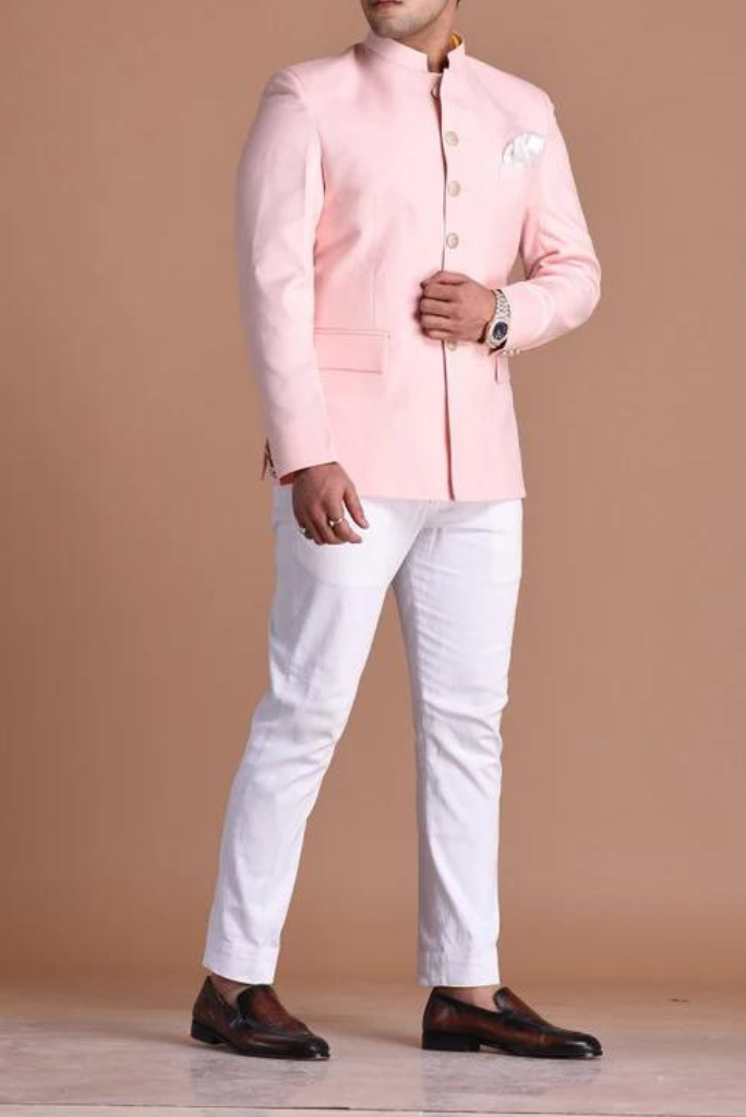 Embroidery Work Banarasi Silk Light Pink Color Wedding Wear Readymade Indo  Western Jodhpuri Suit For Men
